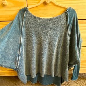 off the shoulder blue sweater swap stitch